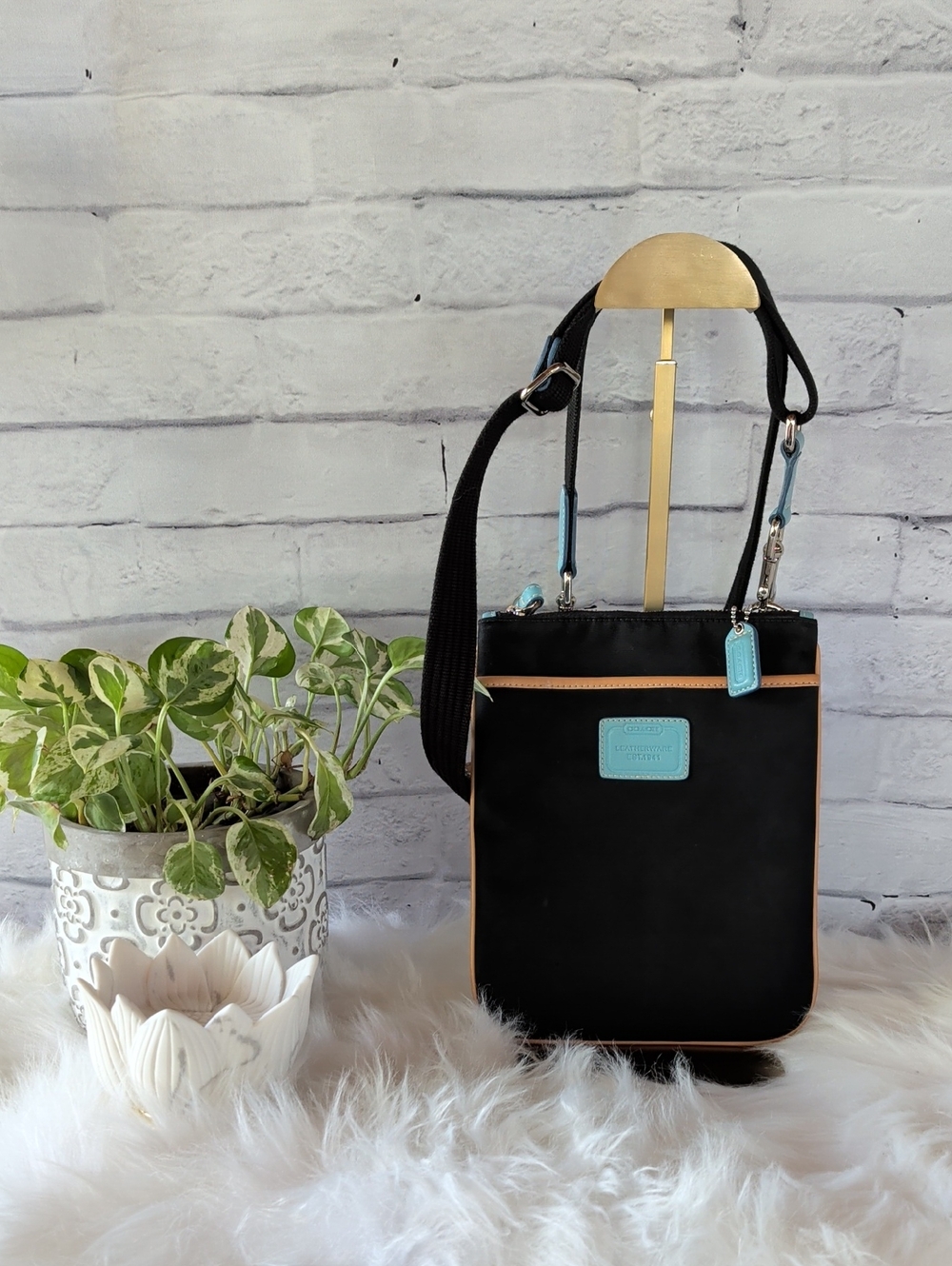 Coach Vintage Black Crossbody with Tan Trim and Light Blue Accents